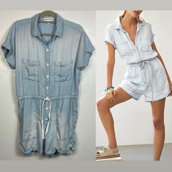 Cloth & Stone Rolled-Hem Short Sleeve Utility Romper In Light Blue Size L - Picture 1 of 11